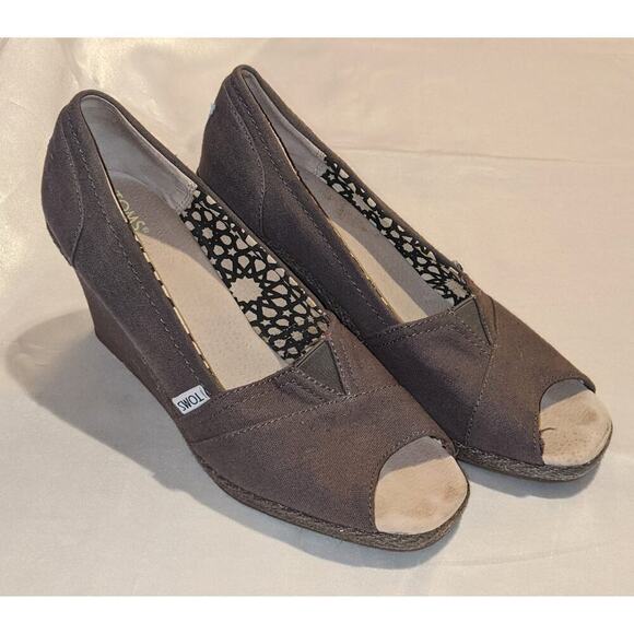 Toms Shoes - TOMS Women's Espadrille Wedge Heels Open Toe Ash Gray Canvas Shoes Size 9.5